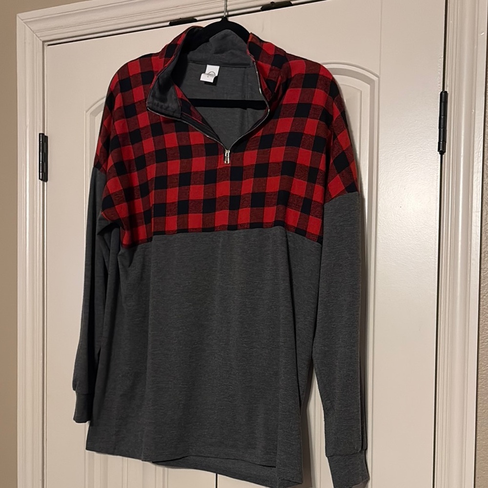 Plaid Red and Gray Long Sleeve Top